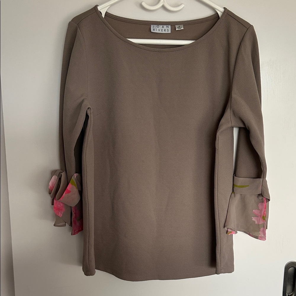 Like new Joan Rivers Taupe Blouse with Pink Floral Cuffs